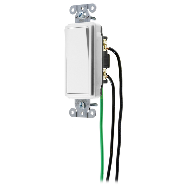 Hubbell Wiring Device-Kellems Spec Grade, Decorator Switches, General Purpose AC, Single Pole, 15A 120/277V AC, Back and Side Wired, Pre-Wired with 8" #12 THHN DSL115W
